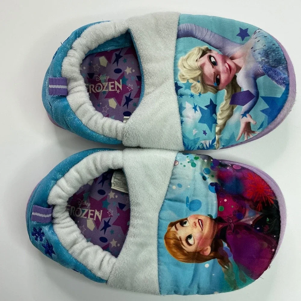 Disney Blue Frozen Slippers Kids 11/12 Anna Elsa Sparkle House Shoes
